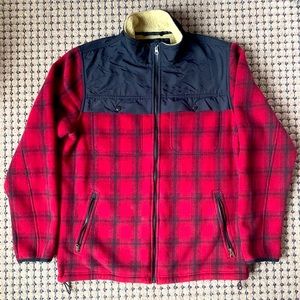 LL Bean Mens Size Medium Reg Red Plaid  Full Zip Sherpa Lined Fleece Jacket Coat